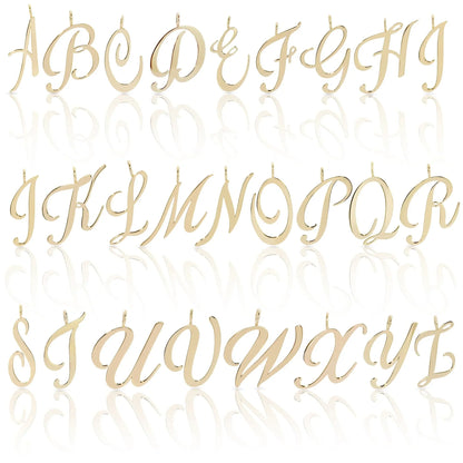 Gold cursive alphabet pendant pictured on a Large Letter Pendant display
