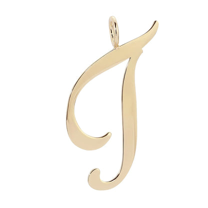 Gold cursive J pendant from Large Letter Pendants adds a stylish touch to any look