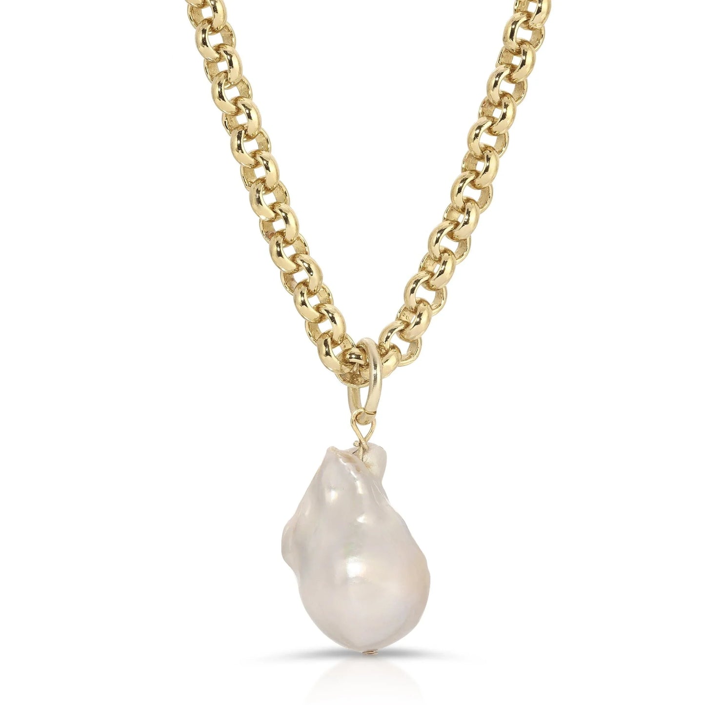 Gold chain necklace featuring an XL Fresh Water Baroque Pearl Pendant for a chic look
