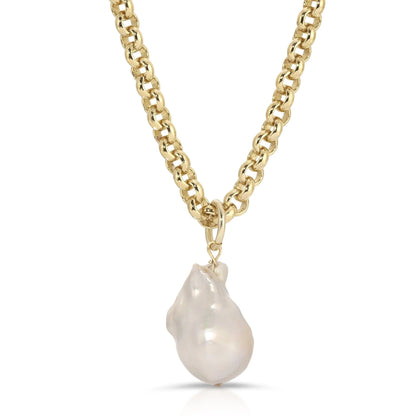 Gold chain necklace featuring an XL Fresh Water Baroque Pearl Pendant for a chic look