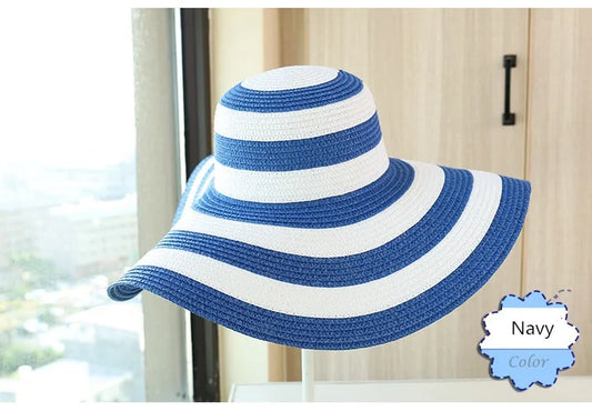 Hot Women'S Casual Straw Hats Girls Outdoor Striped Patchwork Paper Sun Hats New Summer Adult Flap Large Brim Beach Cap Gorras