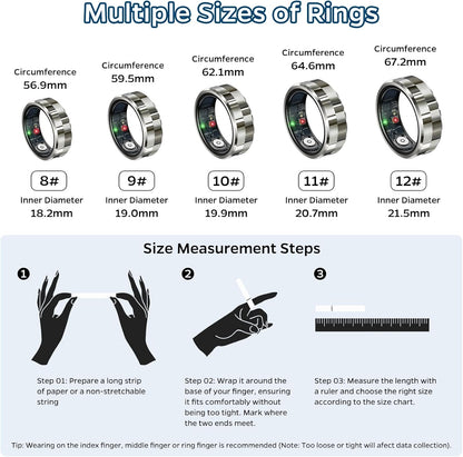 Smart Ring Health Tracker, Sleep Tracker Ring with Heart Rate, Waterproof Fitness Ring for Activity Monitoring/Steps/Distance/Calories,Air Gestures,Up to 7Day Battery,For Ios Android(Stylish Silver#8)