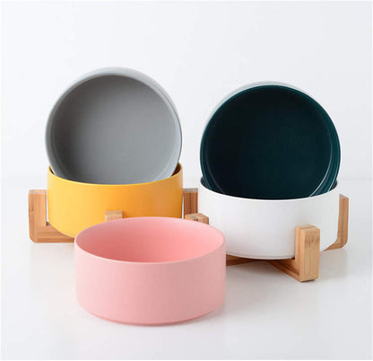 Ceramic Bowl with Bamboo Stand for Dogs & Cats