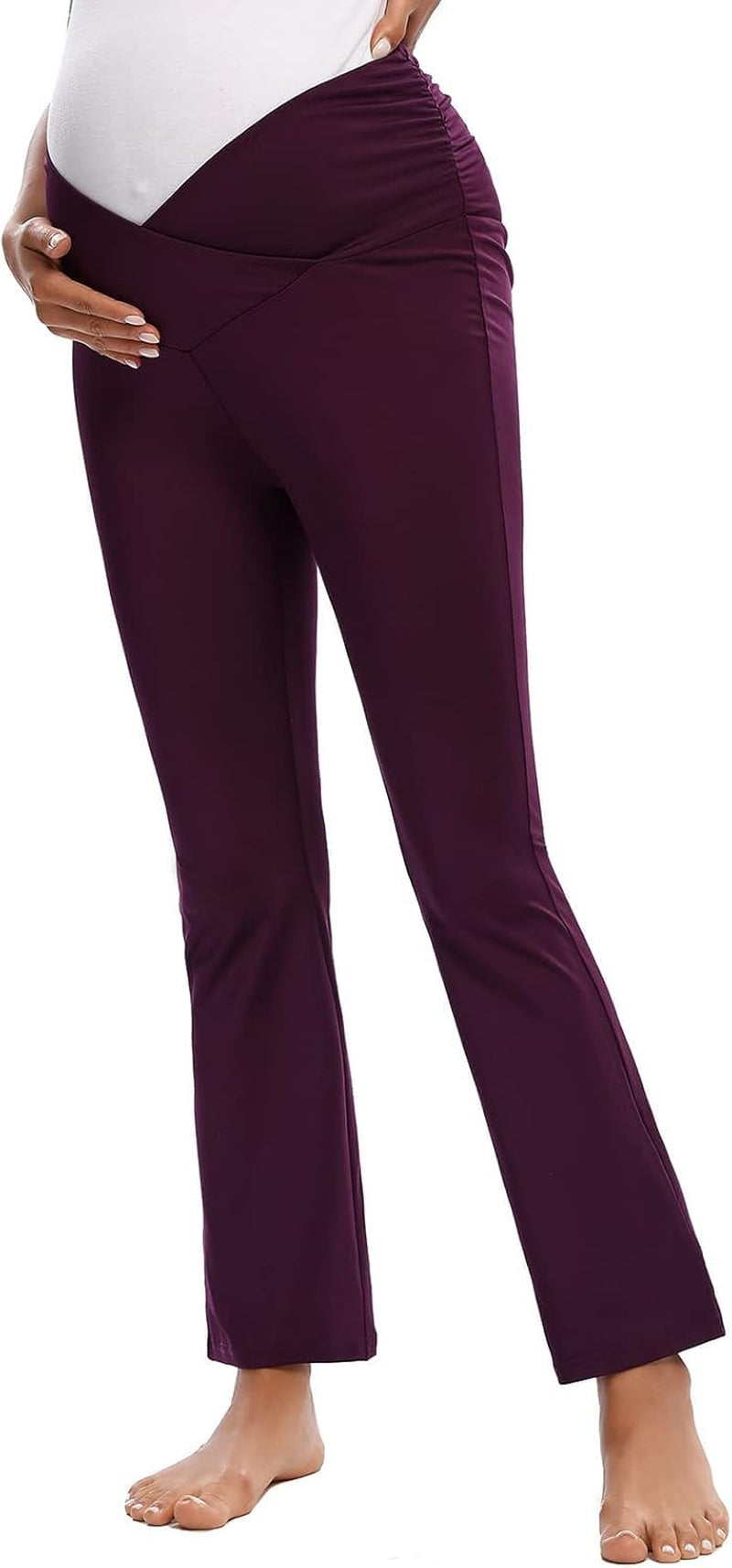 Maternity Pants for Women Bootcut Leg Pregnant Yoga Pants under the Belly for Workout, Office Purple