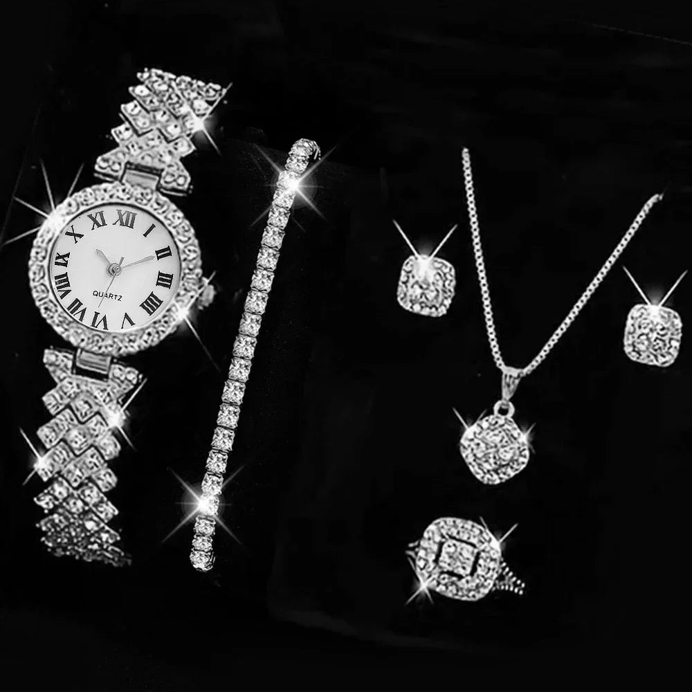 5PCS Set Watch Women Ring Necklace Earrings Rhinestone Fashion Wristwatch Female Casual Ladies Watches Bracelet Set Clock Reloj