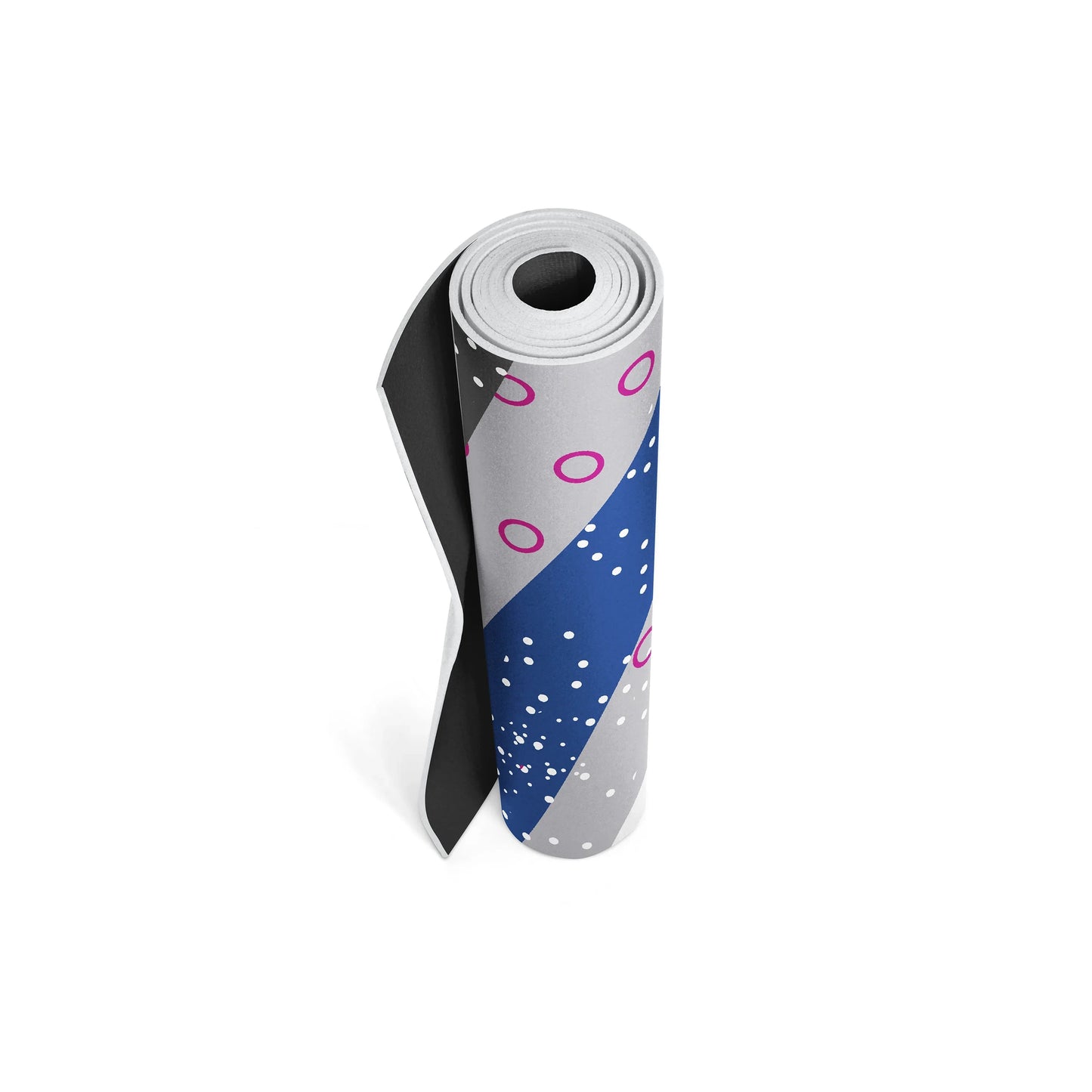Roll of colorful paper with geometric patterns on a white background