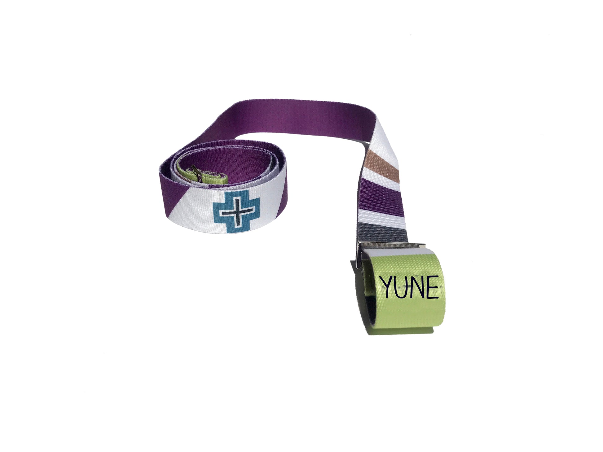 Colorful belt with a visible brand logo on a white background