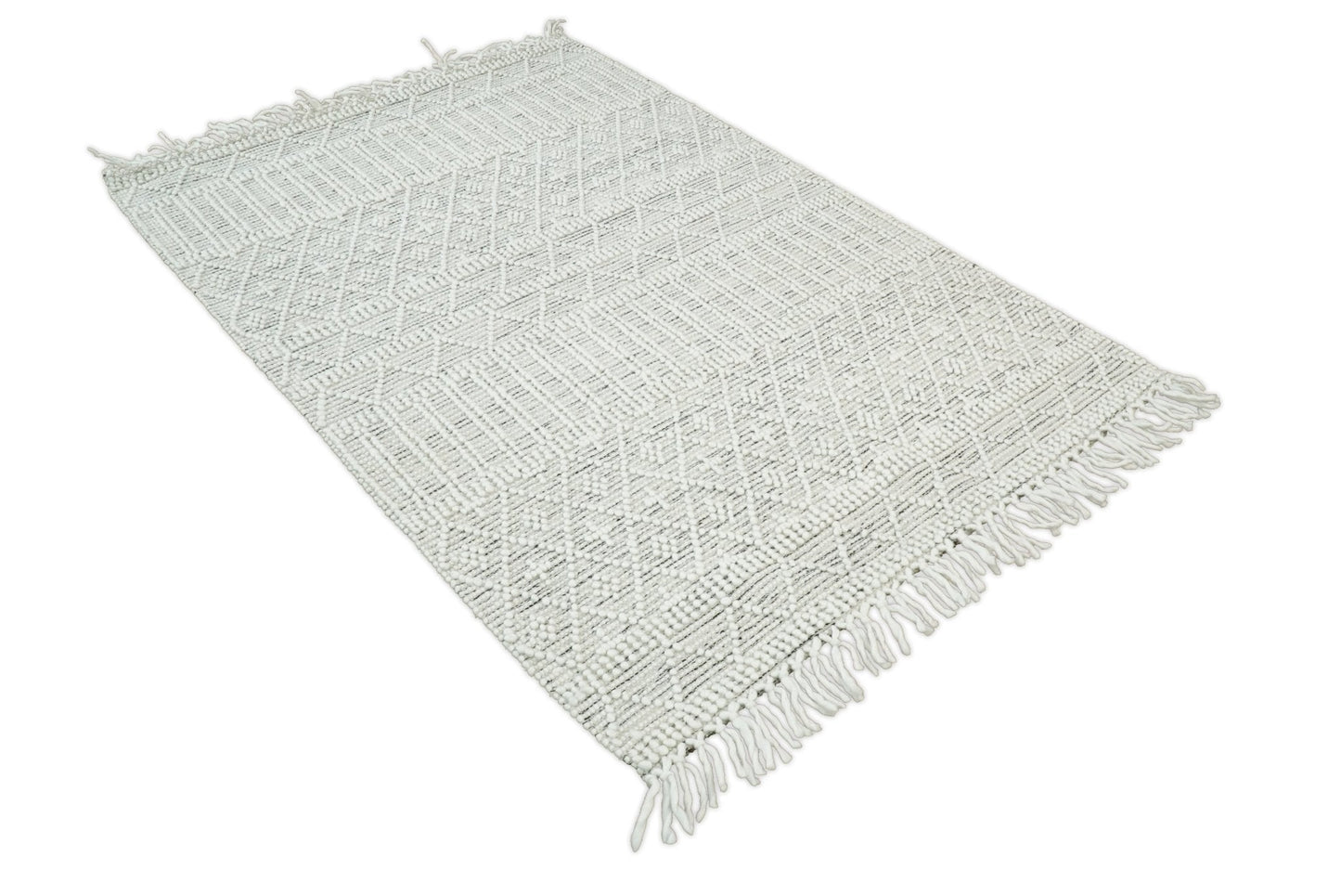 Modern Geometrical White Dhurrie Wool Area Rug