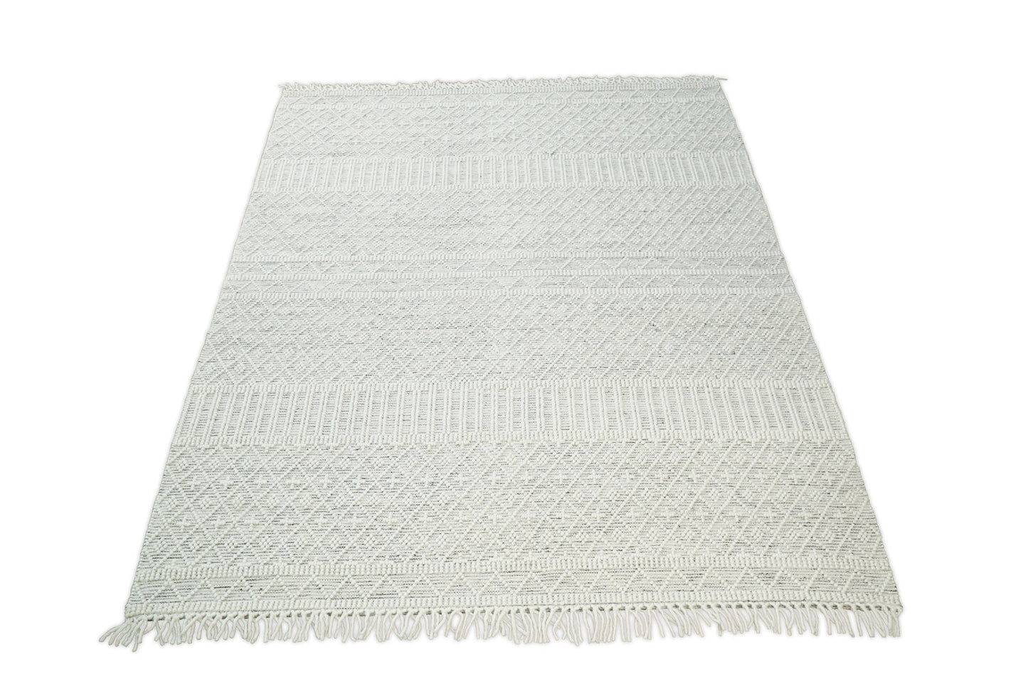 Modern Geometrical White Dhurrie Wool Area Rug