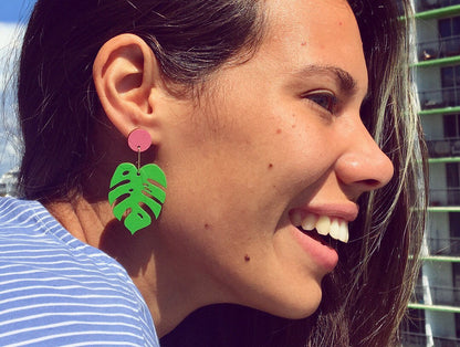 Monstera Pink Dot Dangles by LE CHIC MIAMI