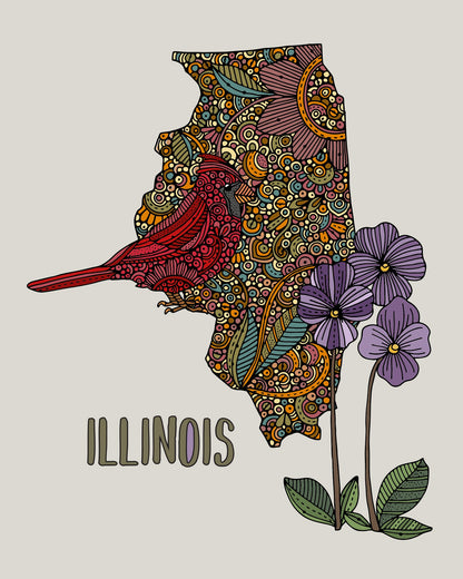 Illinois State Map - State Bird Cardinal - State Flower Purple Violet by valentinaharper