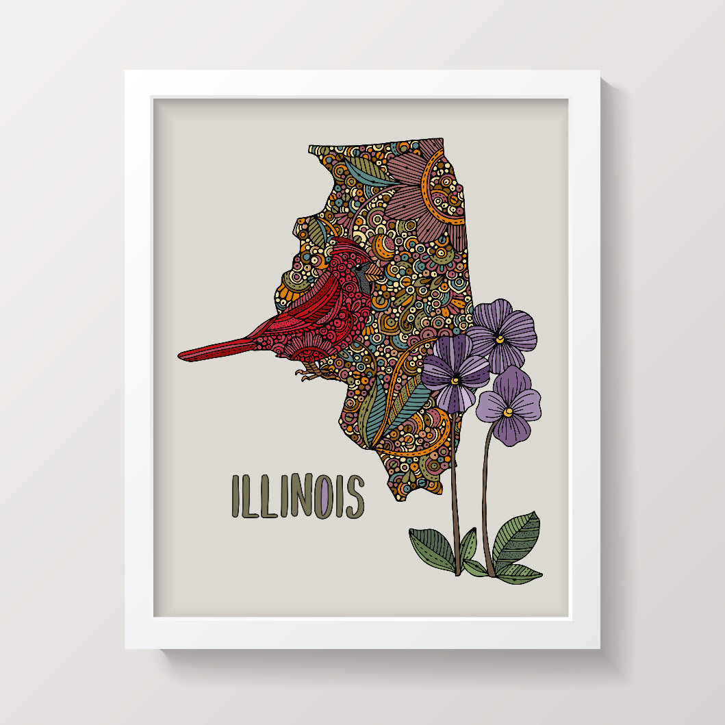 Illinois State Map - State Bird Cardinal - State Flower Purple Violet by valentinaharper