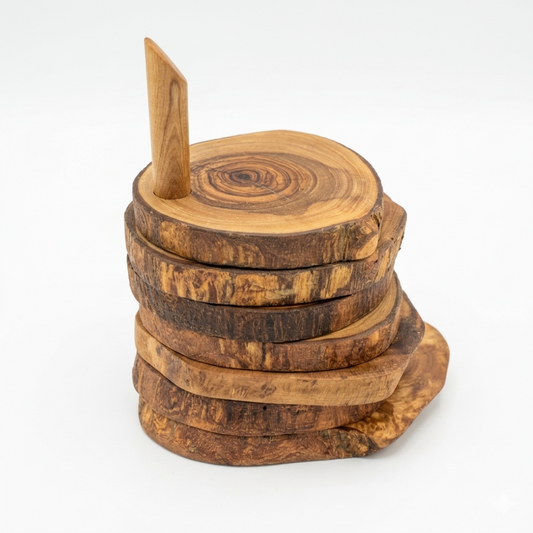 Olive Wood Coaster Set with Holder -7 Pcs