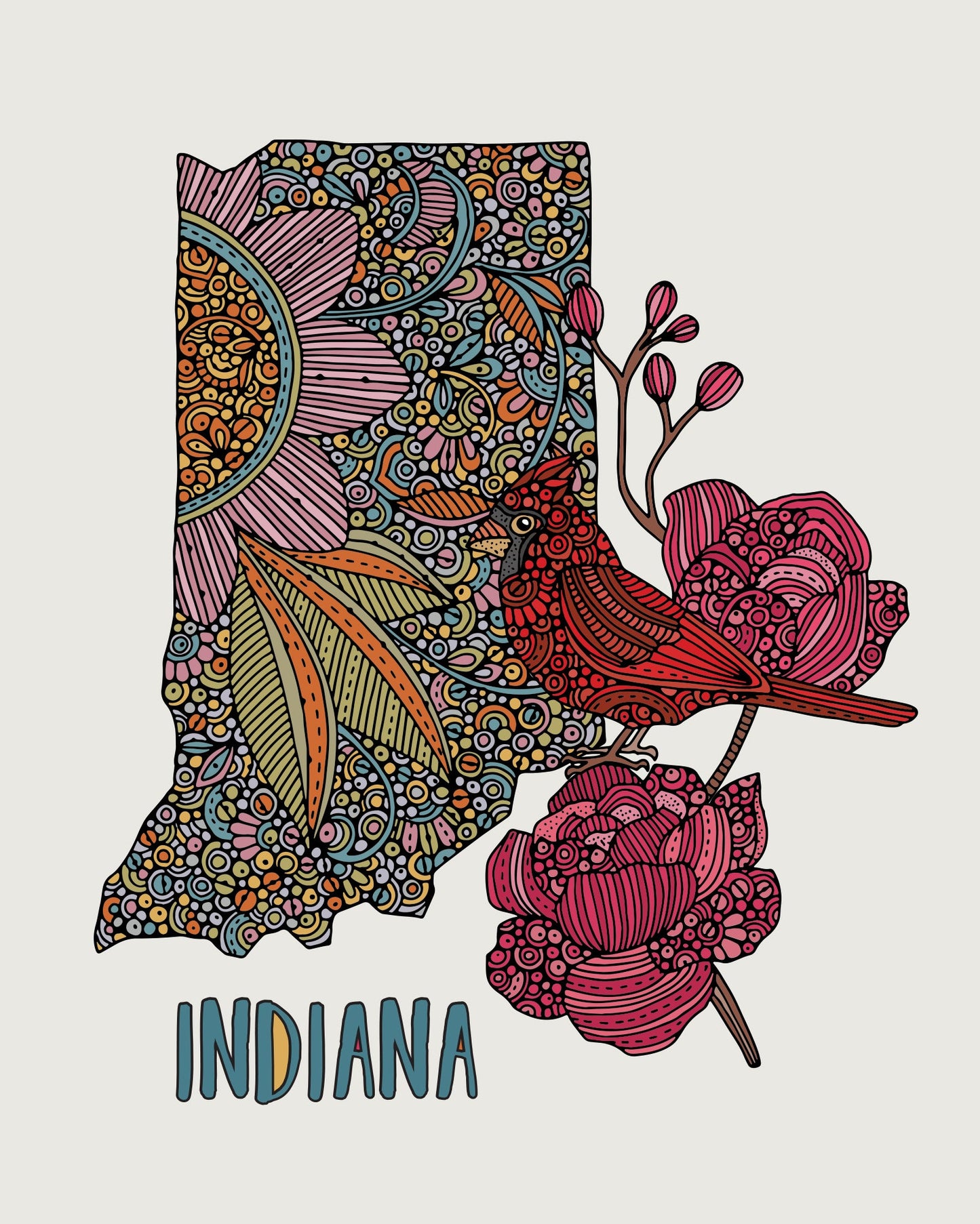 Indiana State Map - State Bird Cardinal - State Flower Peony by valentinaharper