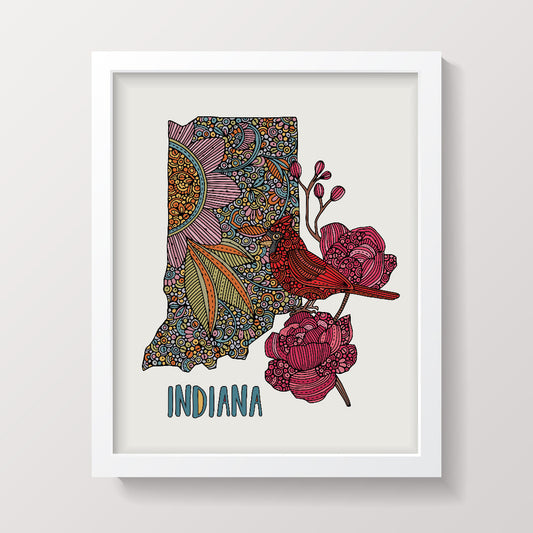 Indiana State Map - State Bird Cardinal - State Flower Peony by valentinaharper