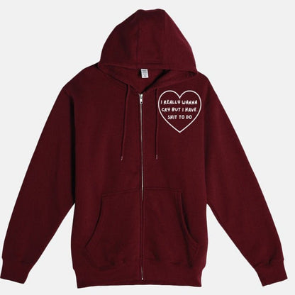 I Wanna Cry Pocket Print Zip Up Hoodie