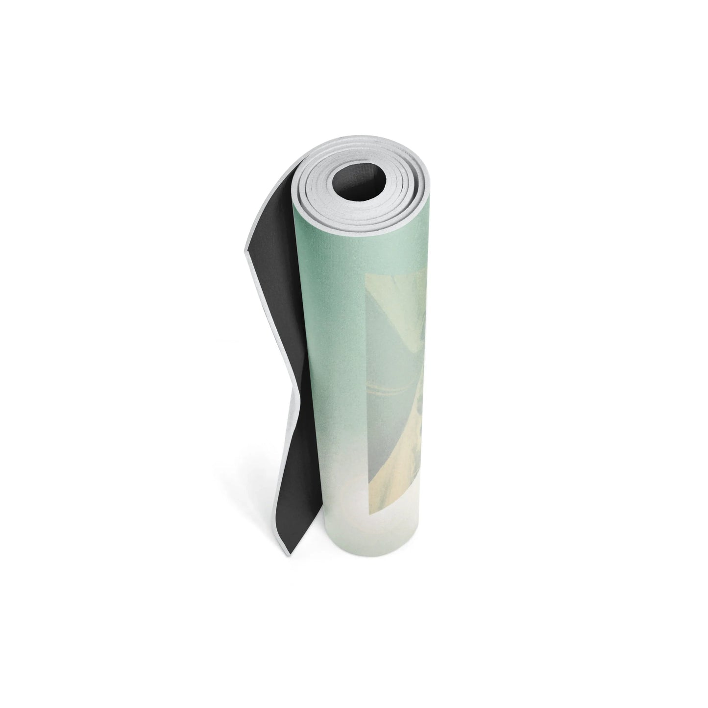 Rolled-up yoga mat with gradient design on a white background