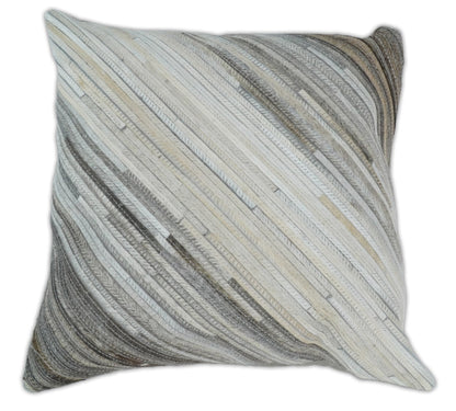 Modern Stripes Ivory and Gray Genuine Leather Accent Pillow, Cushion | PL17