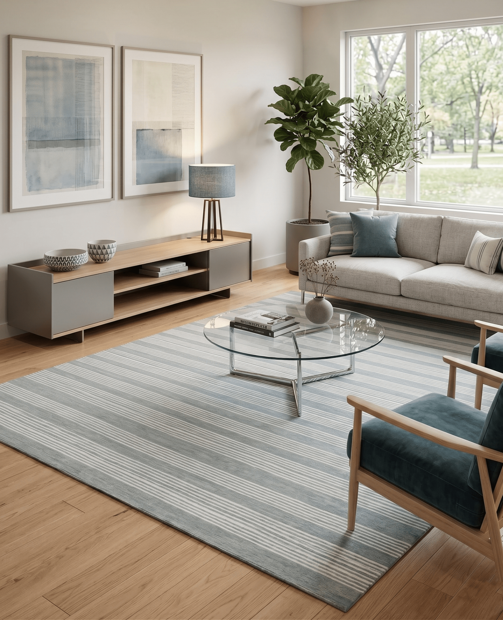 Modern Stripes Pattern Grey and Ivory Hand Tufted Wool Area Rug