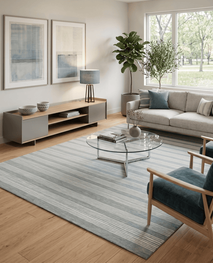Modern Stripes Pattern Grey and Ivory Hand Tufted Wool Area Rug