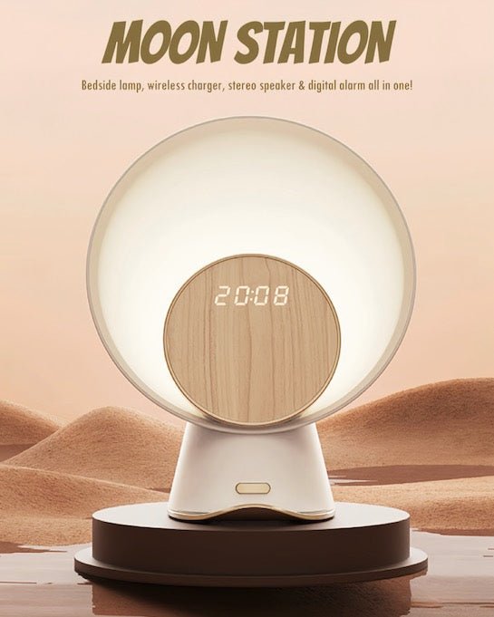 Moon Station 3-in-1 Bedside Lamp – Wireless Charger & Stereo Speaker