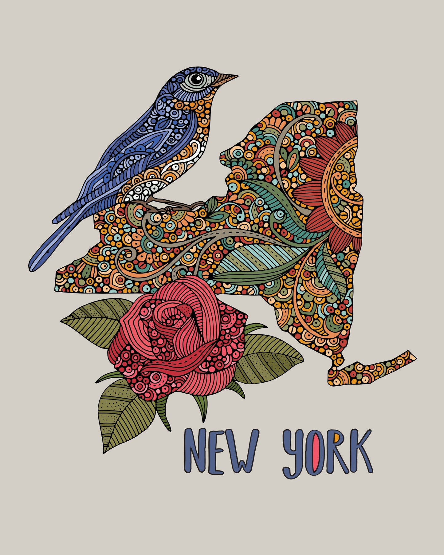 New York State Map - State Bird Bluebird - State Flower Rose by valentinaharper