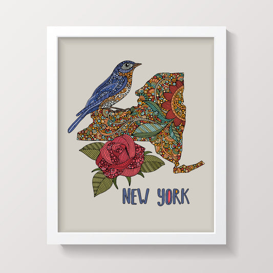 New York State Map - State Bird Bluebird - State Flower Rose by valentinaharper