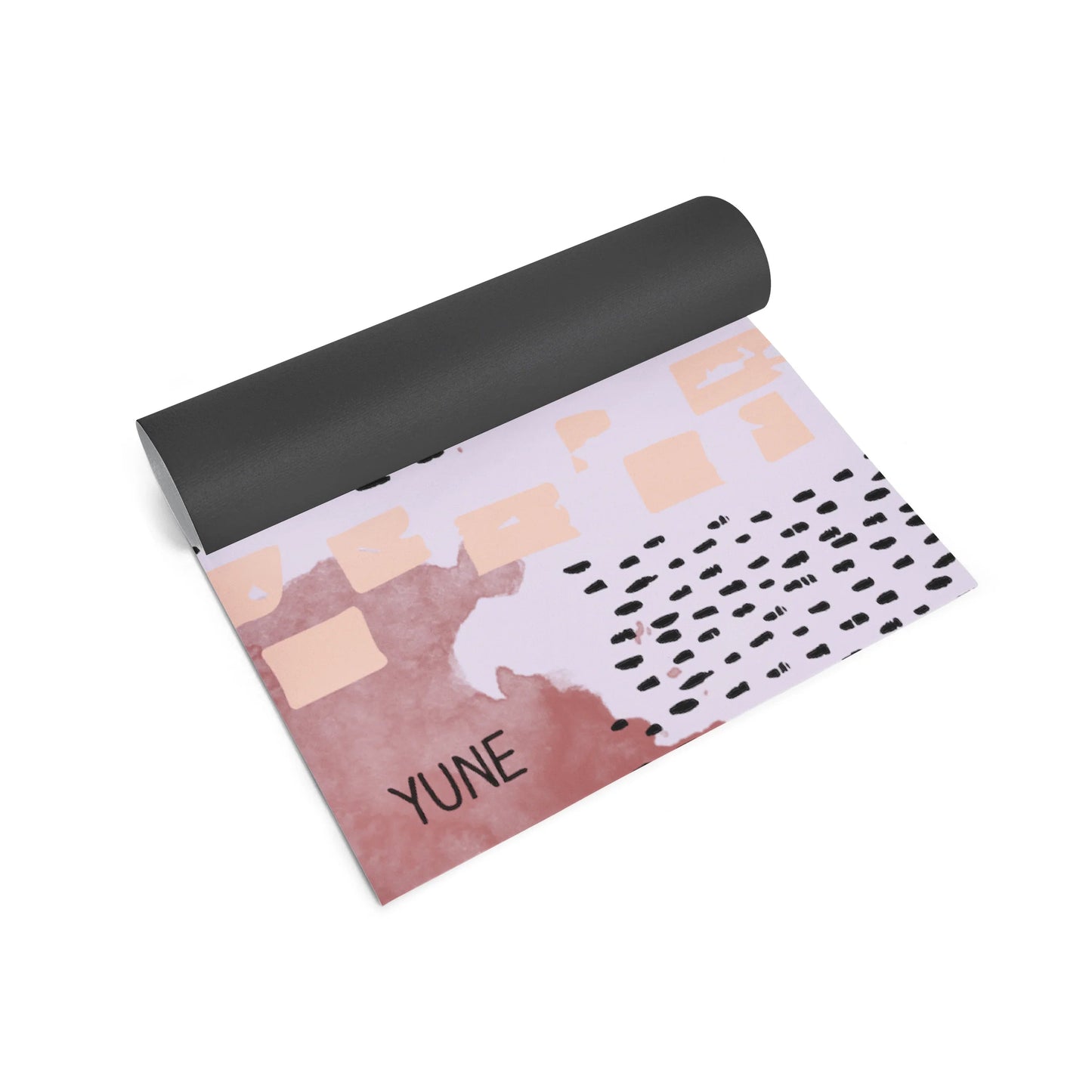 Yoga mat with abstract design and 'YUNE' branding on a white background
