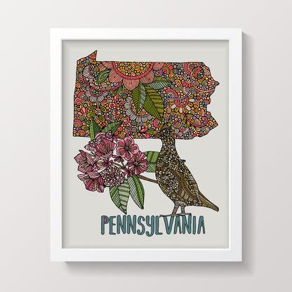 Pennsylvania State Map - State Bird Ruffed Grouse - State Flower Mountain Laurel by valentinaharper