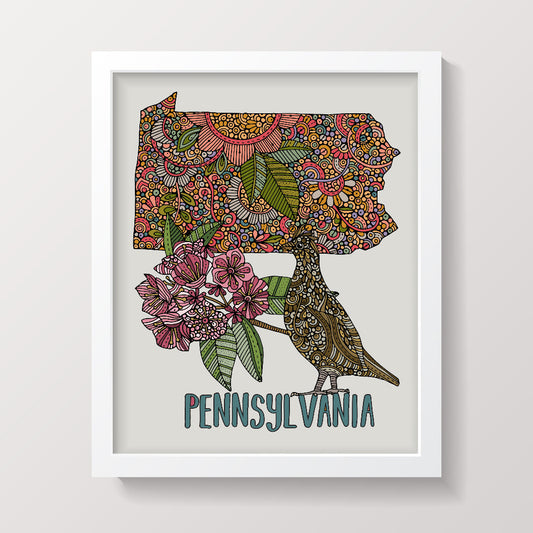 Pennsylvania State Map - State Bird Ruffed Grouse - State Flower Mountain Laurel by valentinaharper