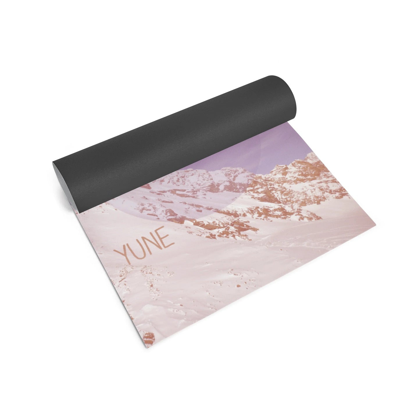 Yoga mat with a floral design and 'Yune' branding on a white background