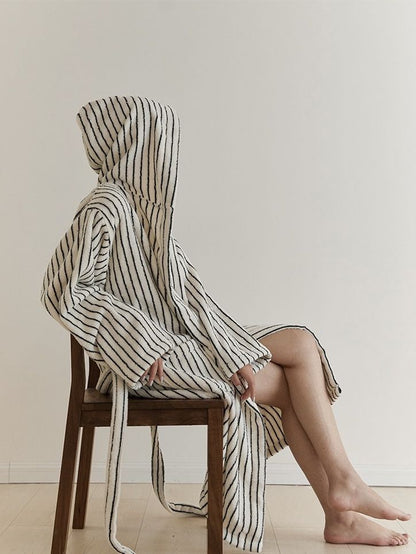 Retro 100% ORGANIC Long-stapled Cotton Hooded Stripe Bath Robe by INSPECIAL HOME