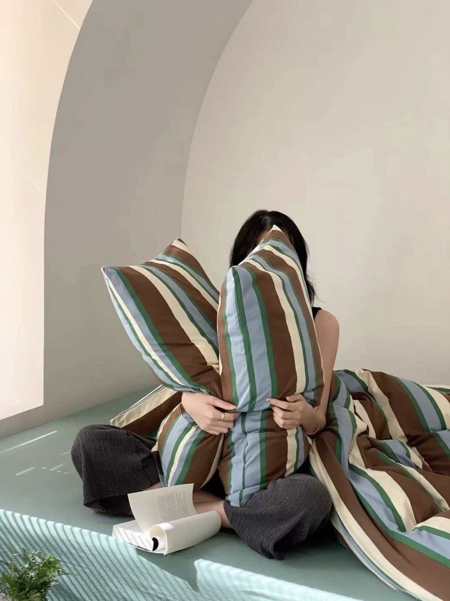 Retro Earth Tone Stripe Duvet Cover Set – 100% Cotton with Pillowcases