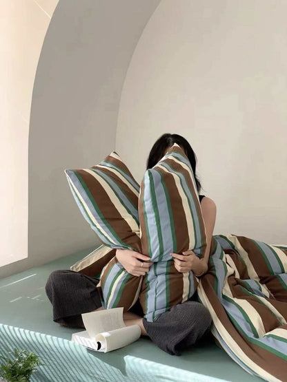 Retro Earth Tone Stripe Duvet Cover Set – 100% Cotton with Pillowcases