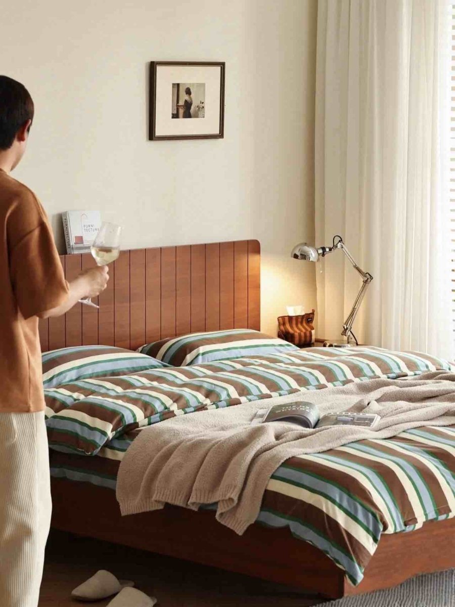 Retro Earth Tone Stripe Duvet Cover Set – 100% Cotton with Pillowcases