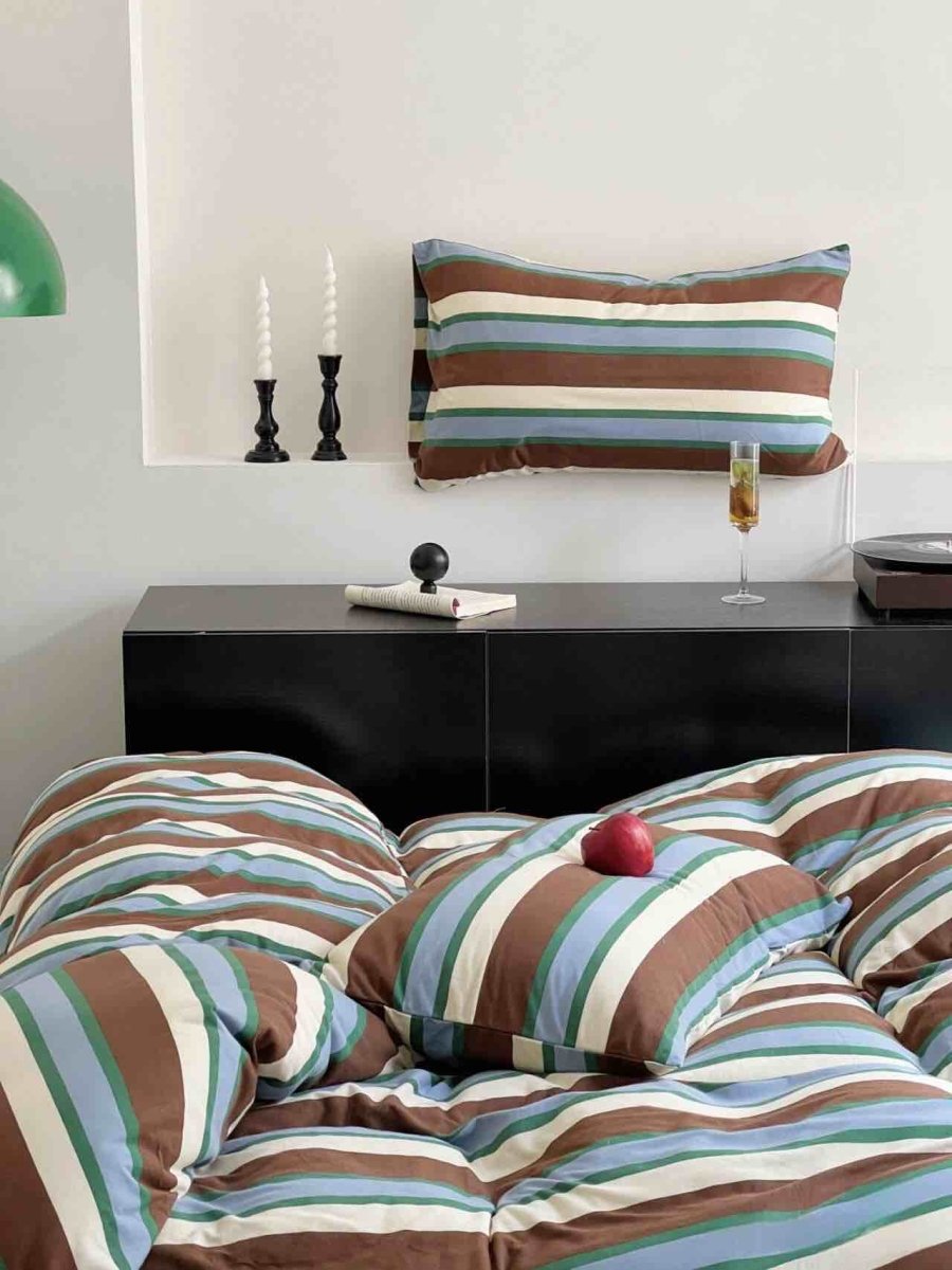 Retro Earth Tone Stripe Duvet Cover Set – 100% Cotton with Pillowcases
