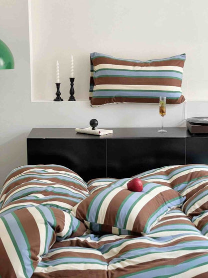 Retro Earth Tone Stripe Duvet Cover Set – 100% Cotton with Pillowcases