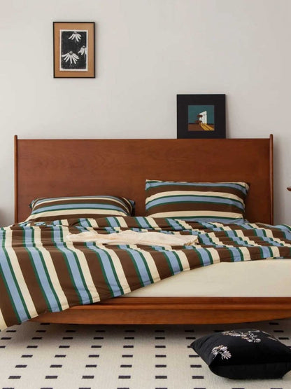 Retro Earth Tone Stripe Duvet Cover Set – 100% Cotton with Pillowcases