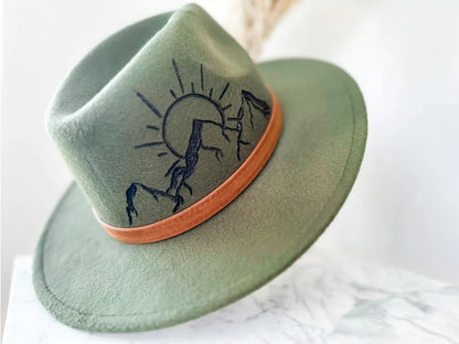 Hand Burnt Cowboy Hat | Mountain Scene