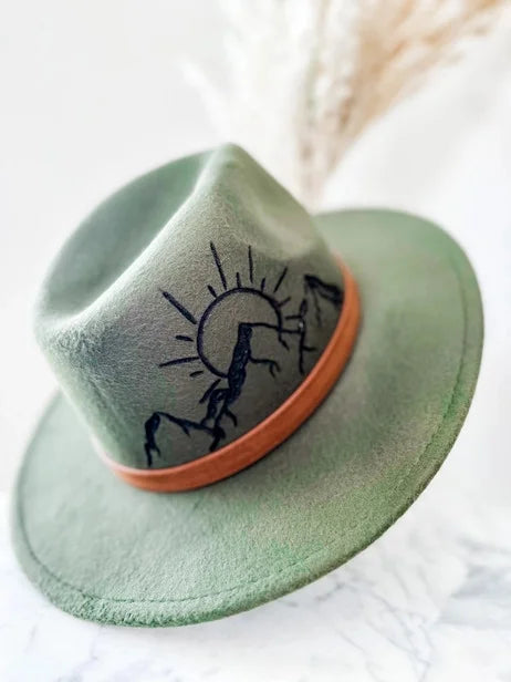 Hand Burnt Cowboy Hat | Mountain Scene