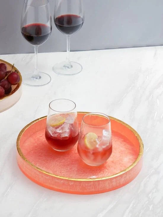 Pink Resin Round Serving Tray with Gold Trim