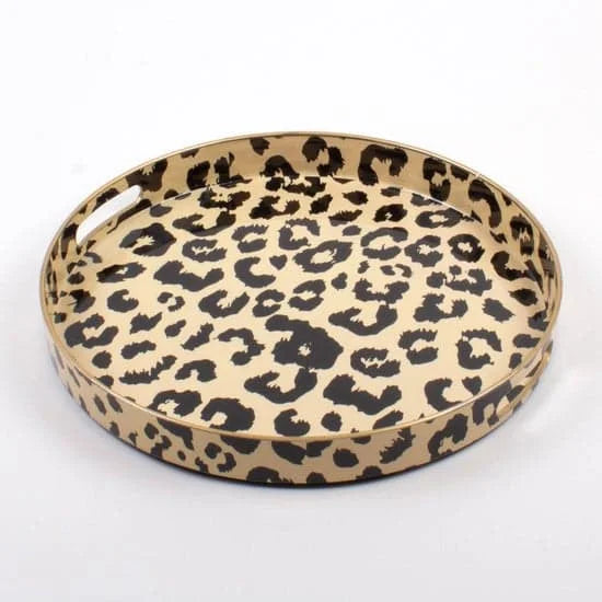 Leopard Round Tray with Gold Trim