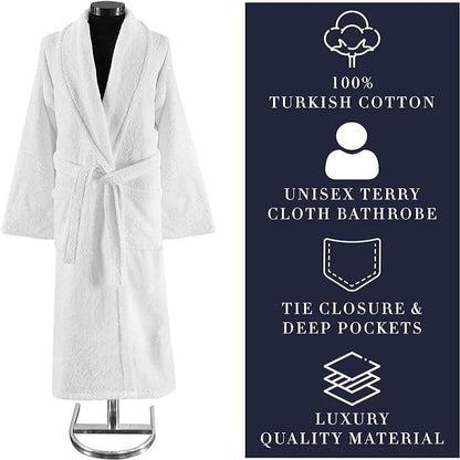 White Terry Cloth Turkish Cotton Shawl Collar Hotel Bathrobe - Unisex Italian Style Fitting - Single Robe by Classic Turkish Towels