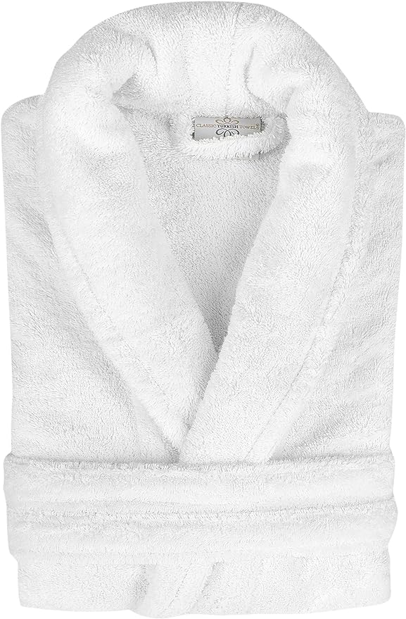 White Terry Cloth Turkish Cotton Shawl Collar Hotel Bathrobe - Unisex Italian Style Fitting - Single Robe by Classic Turkish Towels